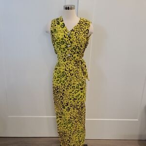 M.X.I. 100% Silk Leopard Print Wrap Dress Size 6 Yellow Green & Brown EUC